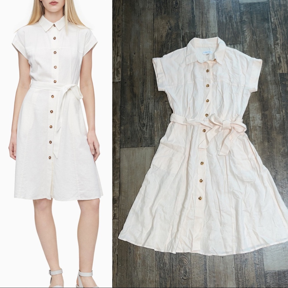 Calvin Klein NWOT Solid Linen Blend Button-Down Shirt Dress